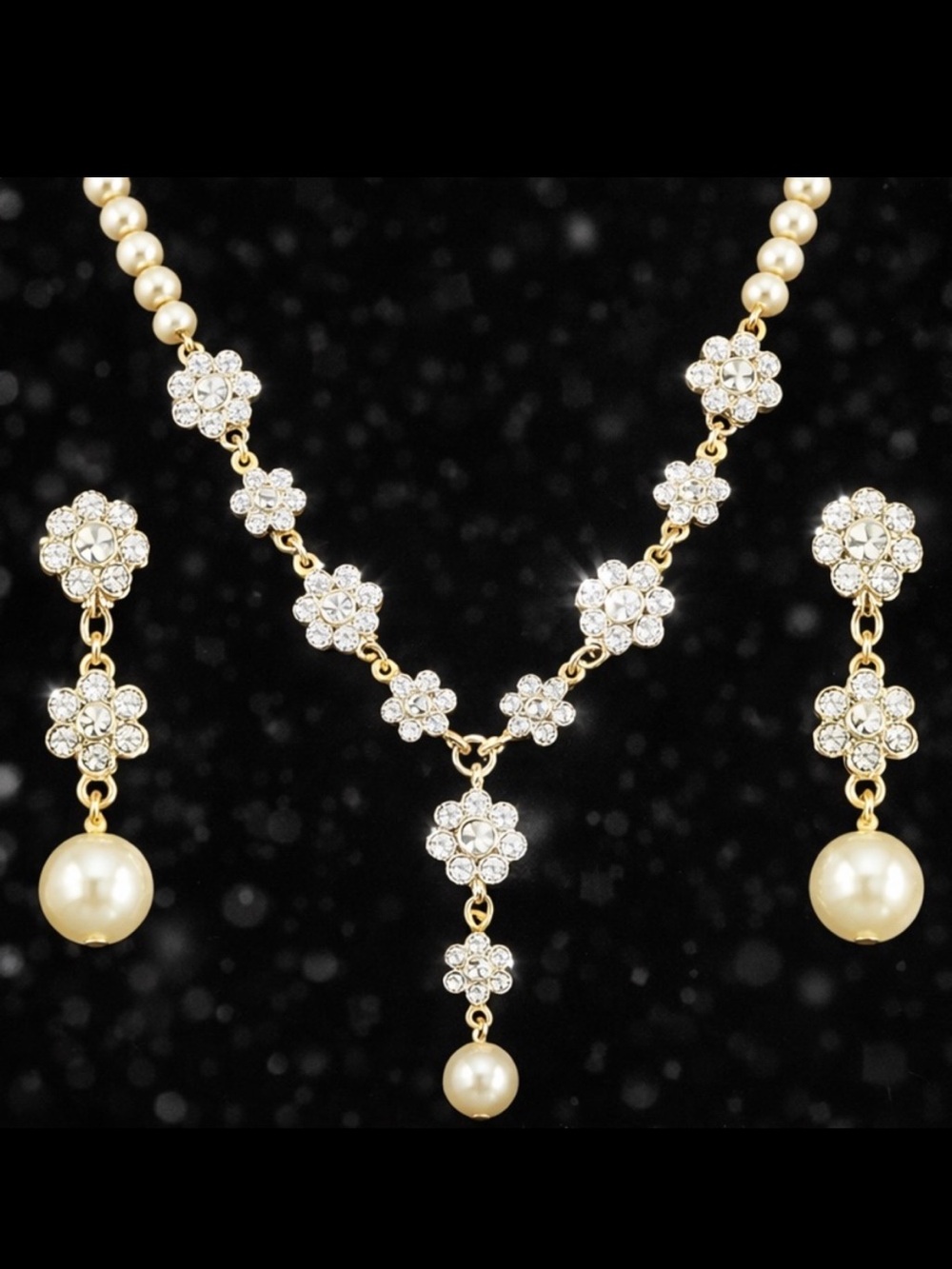 Vintage Pearl Crystal cz floral flower statement, necklace dangle earring set